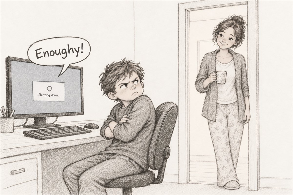 A boy sulks at a computer that says Enoughy and shuts down, while a parent watches from the doorway with a mug.